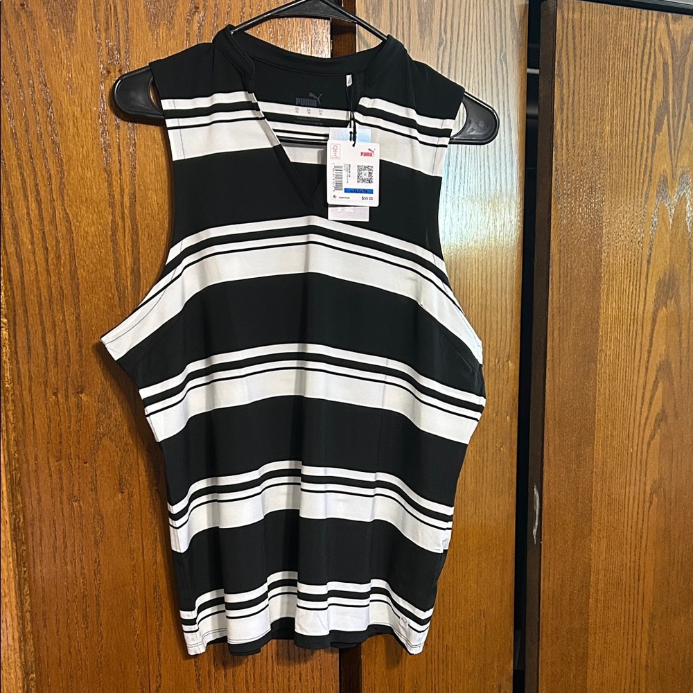 Puma Black and White Striped women’s extra large sleeveless golf shirt